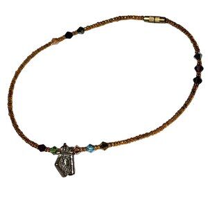 Vintage Handmade Beaded Choker Necklace Silver Toned Birdhouse Charm Jewelry